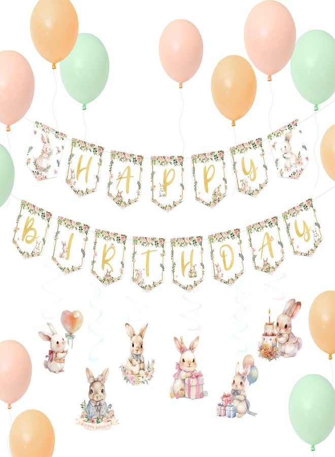 UNIIDECO Bunny Birthday Decorations Kit, 36PCS Easter Bunny Party Supplies with Happy Birthday Banner, Hanging Swirls Ceiling Decoration and Balloons for Girls Baby Shower Rabbit Themed Party - Image 1